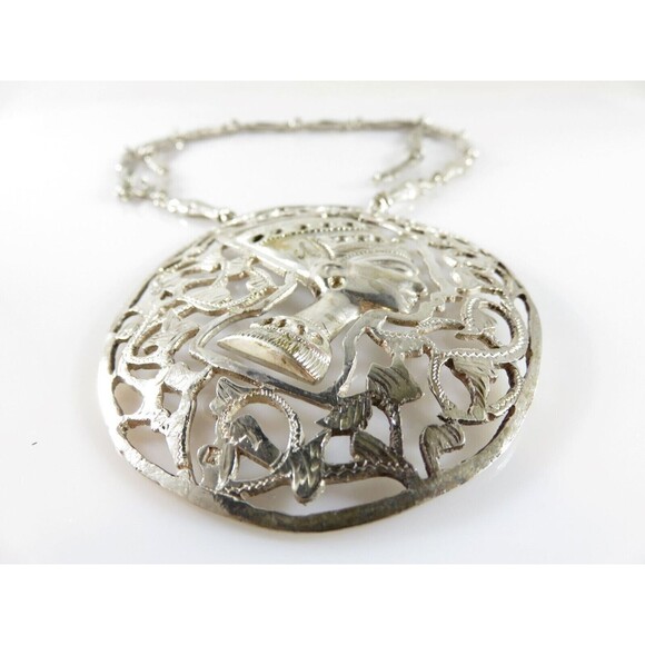 Egyptian Revival Silver Nefertiti Pendant Sarcophagus Necklace Large 3.5" Repair - Picture 4 of 16